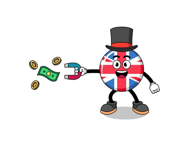 Ilustración de personaje de la bandera del Reino Unido atrapando dinero con un imán