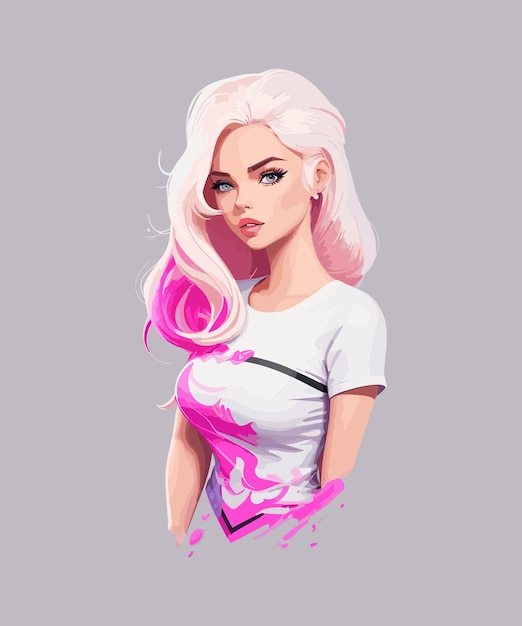 Ilustración de un personaje de barbie vestido de rosa con cabello blanco y maquillaje de barbie
