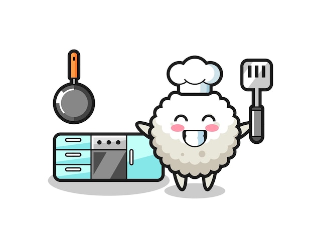 Ilustración de personaje de bola de arroz como chef está cocinando, diseño de estilo lindo para camiseta, pegatina, elemento de logotipo