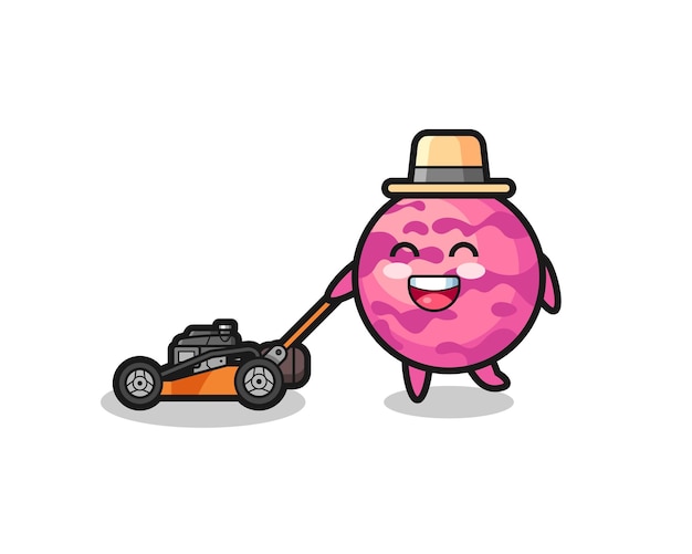 Ilustración del personaje de la bola de helado usando una cortadora de césped