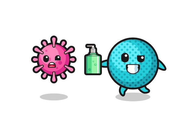 Ilustración del personaje de bola puntiaguda persiguiendo virus malvados con desinfectante para manos