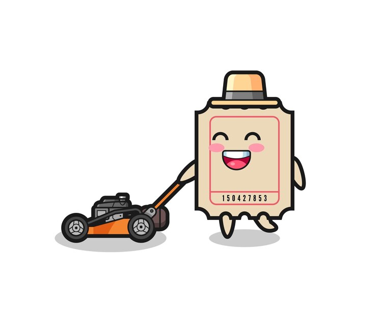 Vector ilustración del personaje del boleto con cortadora de césped.