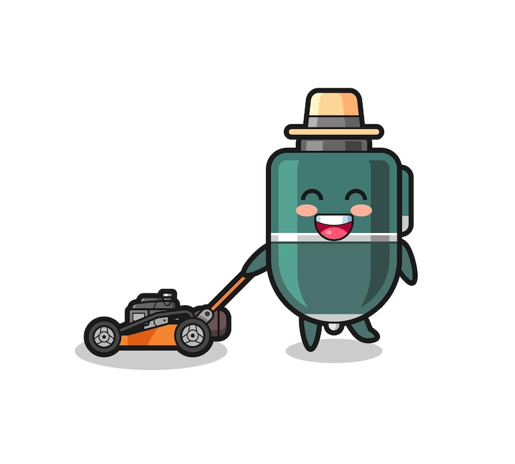 Vector ilustración del personaje de bolígrafo usando una cortadora de césped