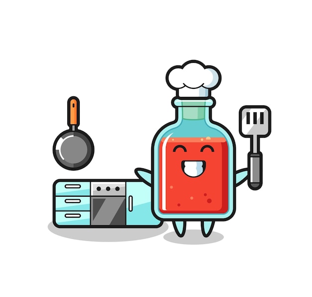 Ilustración de personaje de botella de veneno cuadrado mientras un chef está cocinando