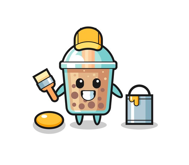 Ilustración de personaje de bubble tea como pintor, diseño de estilo lindo para camiseta, pegatina, elemento de logotipo