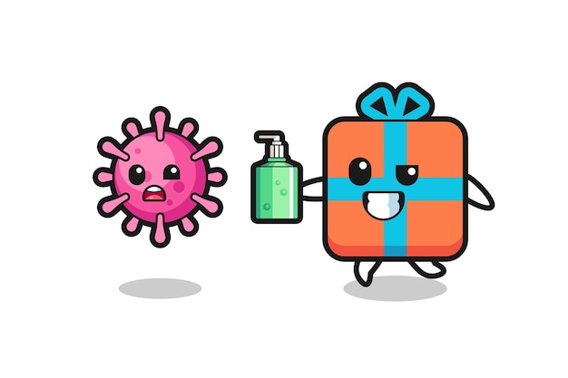 Ilustración del personaje de la caja de regalo persiguiendo el virus malvado con desinfectante para manos