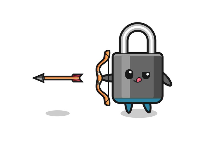 Vector ilustración del personaje del candado haciendo tiro con arco