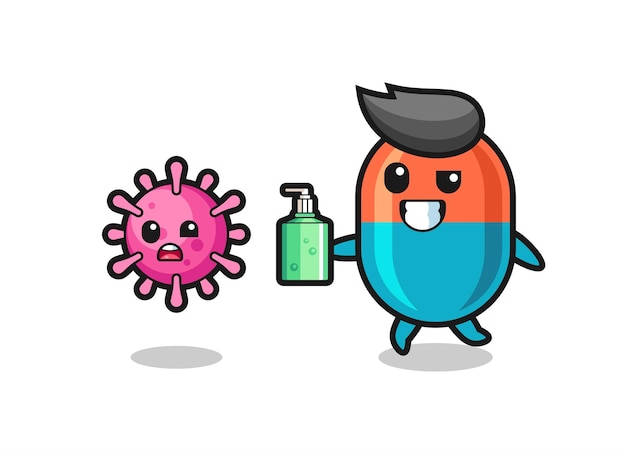 Ilustración del personaje de la cápsula persiguiendo el virus maligno con desinfectante de manos, diseño de estilo lindo para camiseta, pegatina, elemento de logotipo