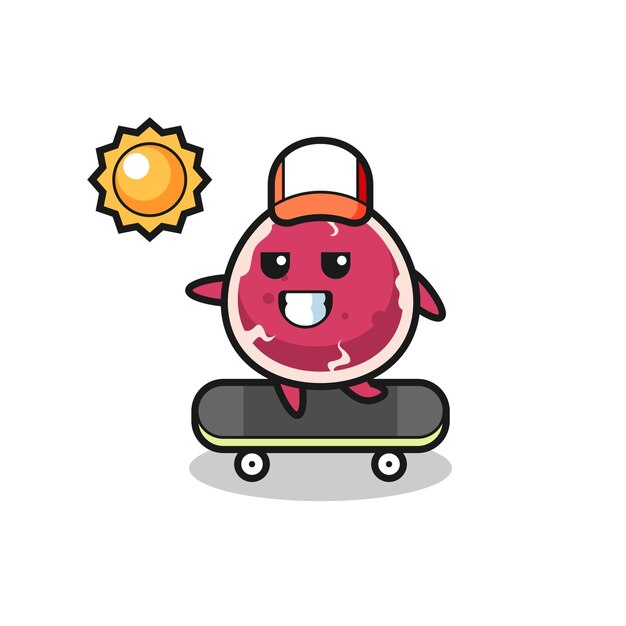 Ilustración de personaje de carne de res andar en patineta, diseño de estilo lindo para camiseta, pegatina, elemento de logotipo