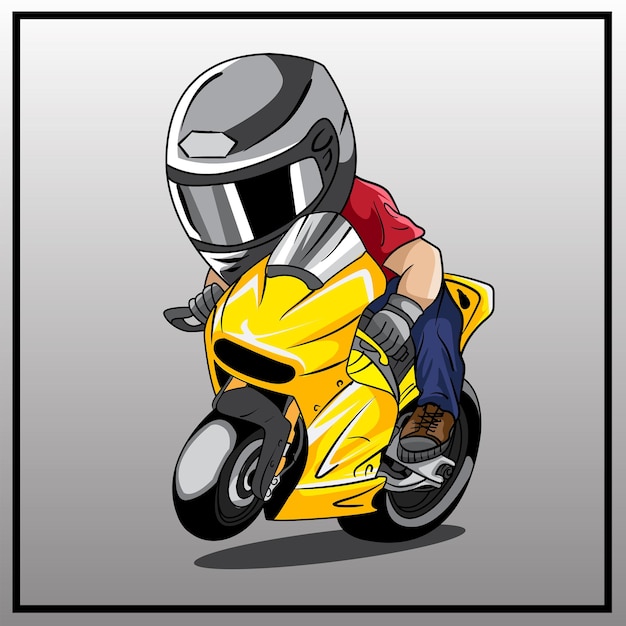 Ilustración del personaje en una carrera en moto.