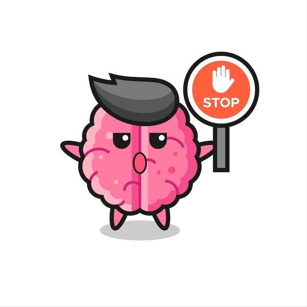 Ilustración de personaje de cerebro con una señal de stop, diseño de estilo lindo para camiseta, pegatina, elemento de logotipo