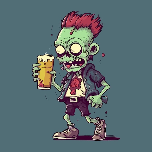 Ilustración de personaje de cerveza borracha zombie punk