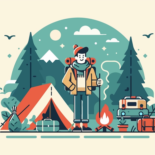 Ilustración de un personaje de un chico acampando diseño plano vectorial simple y minimalista