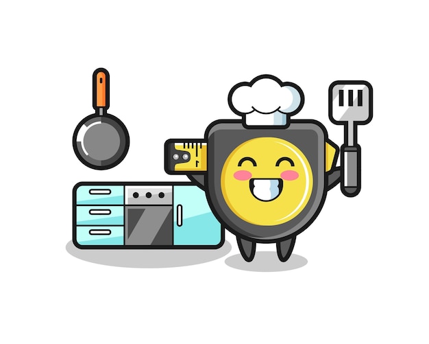 Ilustración de personaje de cinta métrica mientras un chef está cocinando, diseño lindo