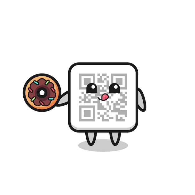 Ilustración de un personaje de código qr comiendo una rosquilla