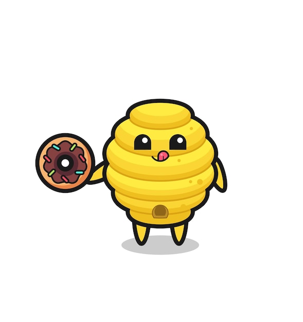 Ilustración de un personaje de colmena de abejas comiendo un lindo diseño de donut