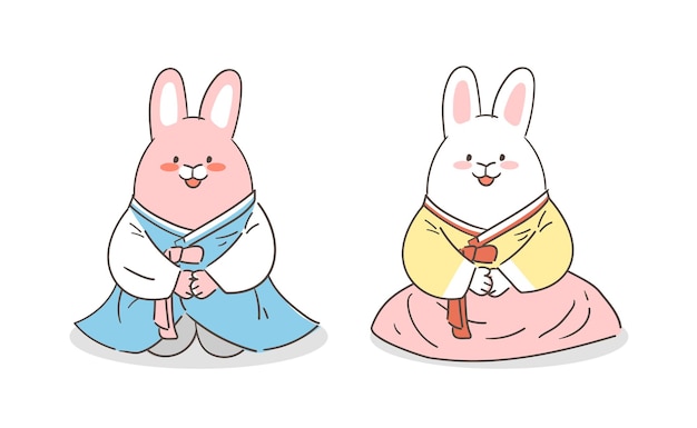 Una ilustración de un personaje de conejo en hanbok.