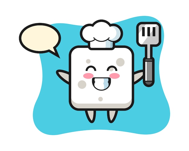 Ilustración de personaje de cubo de azúcar como un chef está cocinando, lindo estilo para camiseta, pegatina, elemento de logotipo