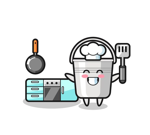 Ilustración de personaje de cubo de metal mientras un chef está cocinando