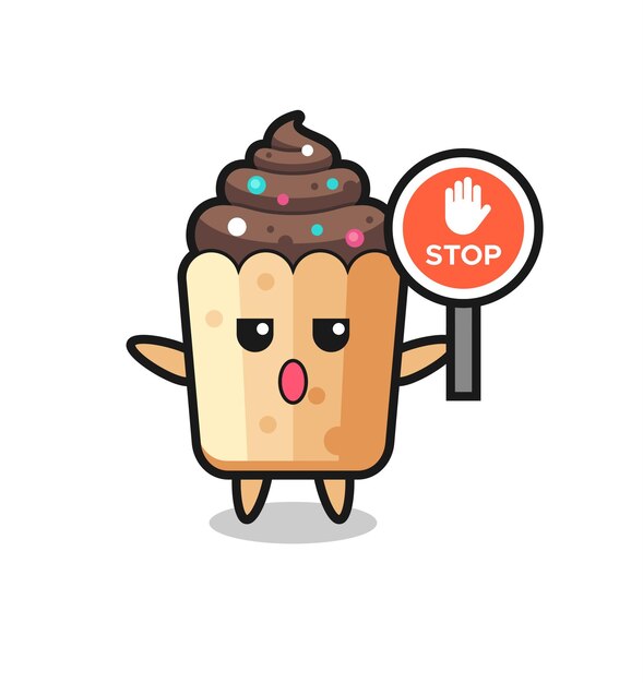 Ilustración de personaje de cupcake con una señal de stop, diseño lindo