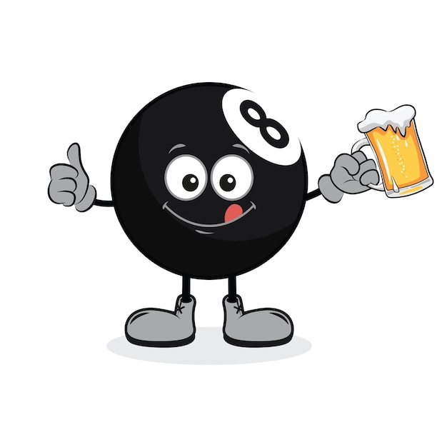 Ilustración del personaje de dibujos animados 8 bolas de billar con los pulgares hacia arriba y sosteniendo un vaso de cerveza