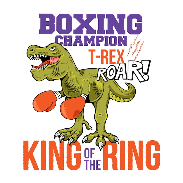 Ilustración de personaje de dibujos animados con el campeón de boxeo t-rex tyrannosaurus dinosaurio rey del ring.