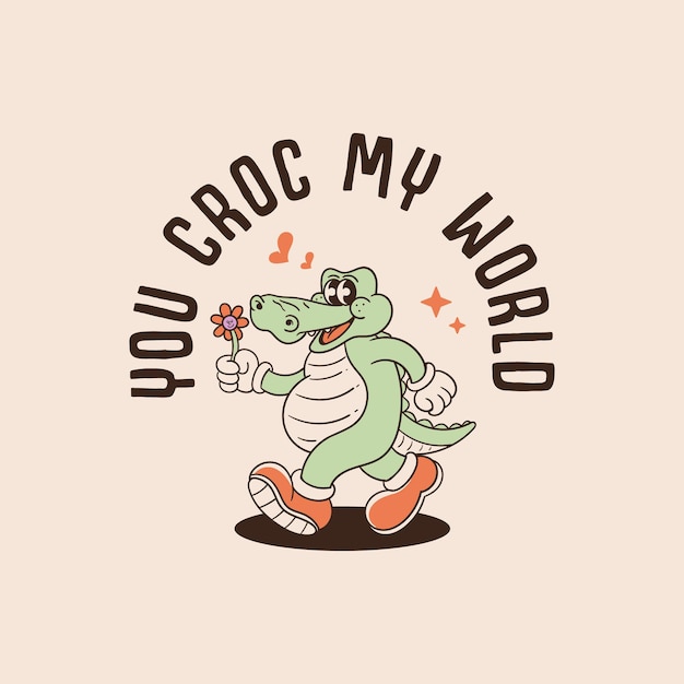 Ilustración de un personaje de dibujos animados de cocodrilo retro caminando llevando flores