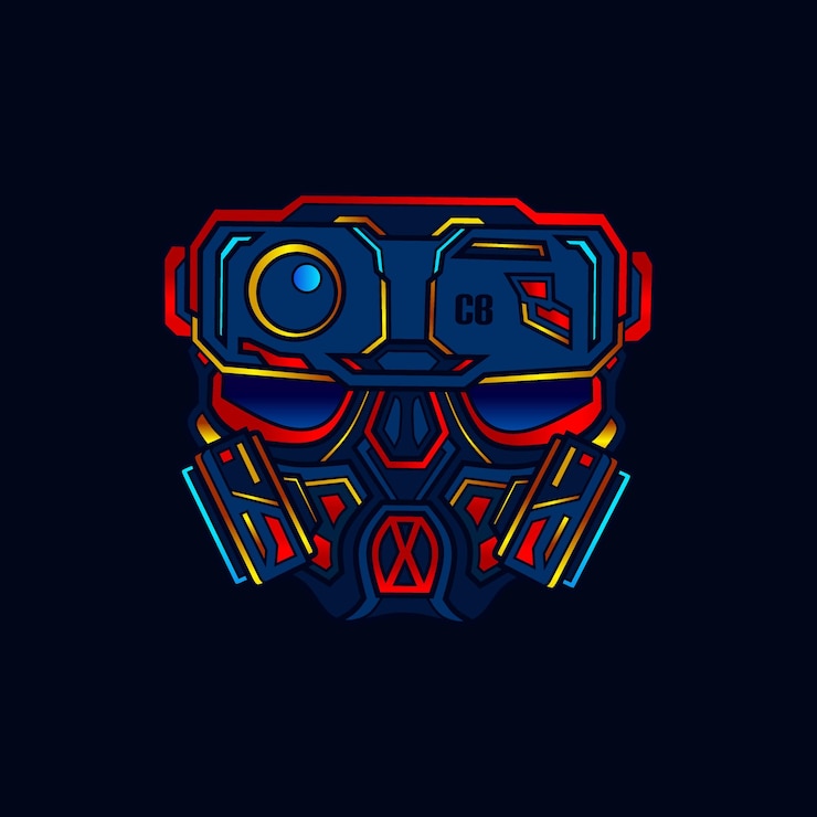 Vector ilustración de personaje de dibujos animados de estilo cyberpunk de máscara de gas de robot