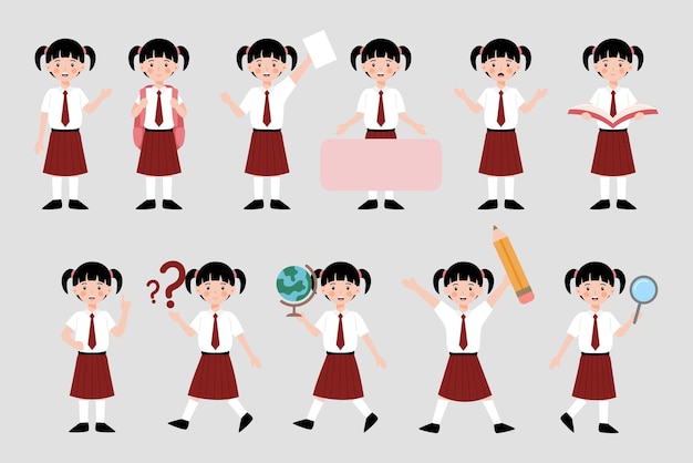 Ilustración de personaje de dibujos animados de estudiante de escuela primaria indonesio