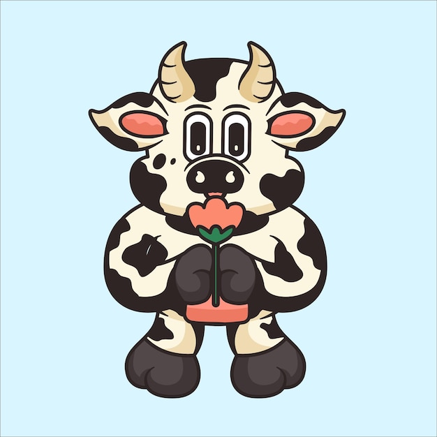 Ilustración de un personaje de dibujos animados con una linda vaca sosteniendo una flor