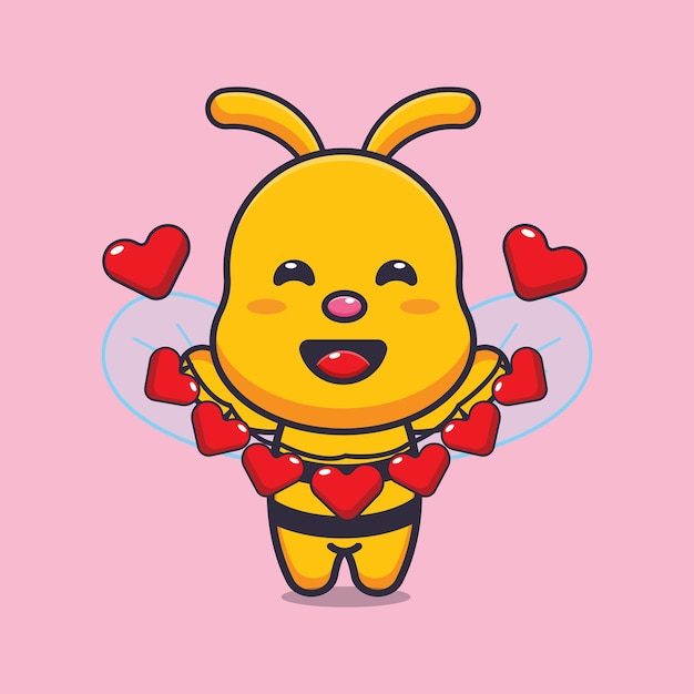 Ilustración de personaje de dibujos animados de mascota de abeja linda en el día de san valentín