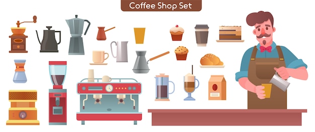 Ilustración de personaje de elementos de conjunto de cafetería, cafetería o cafetería. Barista haciendo café en el mostrador. Paquete de varios postres, cafetera, molinillo, máquina