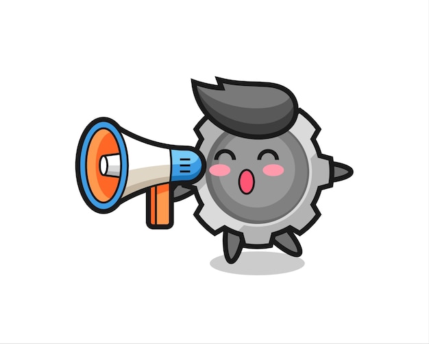 Ilustración de personaje de engranaje sosteniendo un megáfono, diseño de estilo lindo para camiseta, pegatina, elemento de logotipo