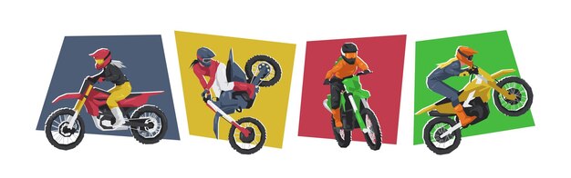Ilustración de un personaje femenino de motocross, deporte extremo de carrera, estilo de dibujos animados de vector plano