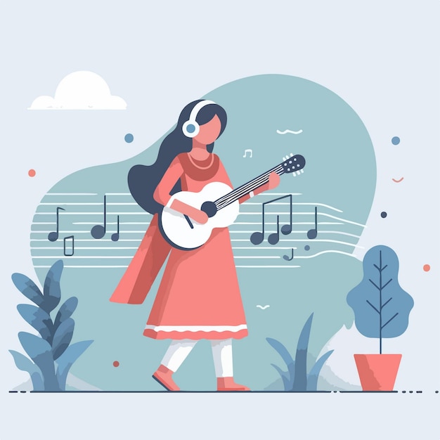 Ilustración de un personaje femenino tocando la guitarra en diseño plano y estilo vectorial