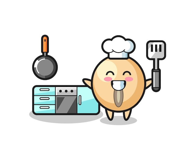 Ilustración de personaje de frijol de soya mientras un chef está cocinando