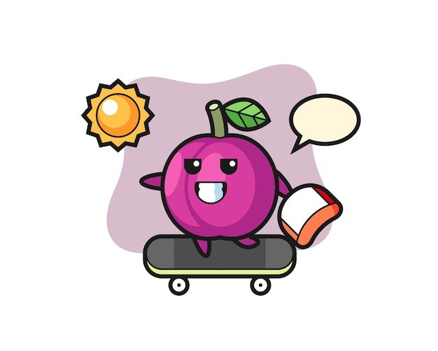 Ilustración de personaje de fruta de ciruela montar en patineta, diseño de estilo lindo para camiseta, pegatina, elemento de logotipo