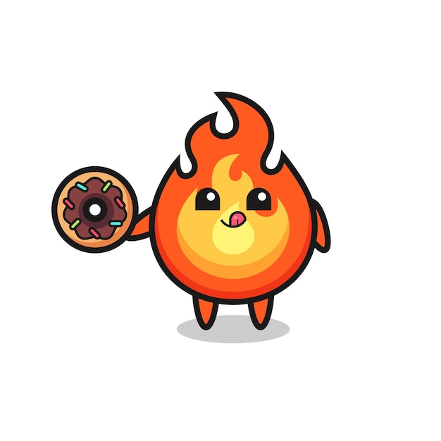 Ilustración de un personaje de fuego comiendo una rosquilla, diseño de estilo lindo para camiseta, pegatina, elemento de logotipo