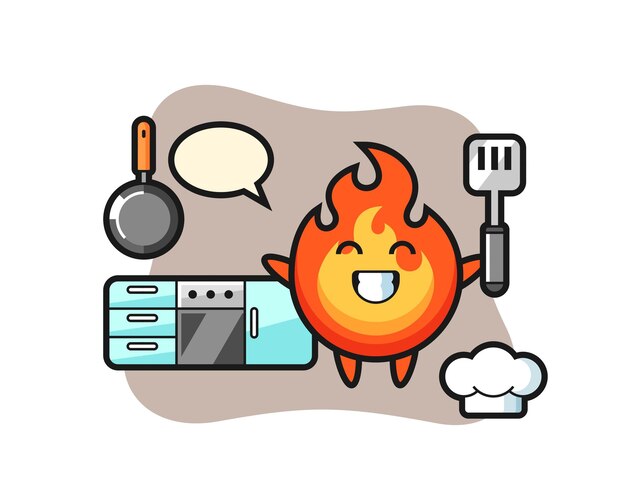 Ilustración de personaje de fuego mientras un chef está cocinando, diseño de estilo lindo para camiseta, pegatina, elemento de logotipo