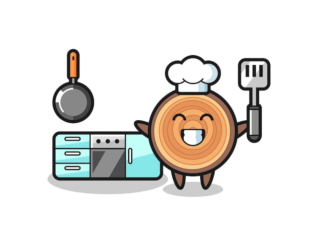 Ilustración de personaje de grano de madera mientras un chef está cocinando