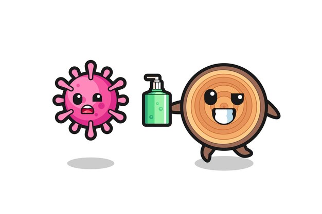 Ilustración del personaje de grano de madera persiguiendo virus malvados con desinfectante de manos
