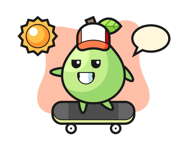Ilustración de personaje de guayaba andar en patineta, estilo lindo para camiseta, pegatina, elemento de logotipo