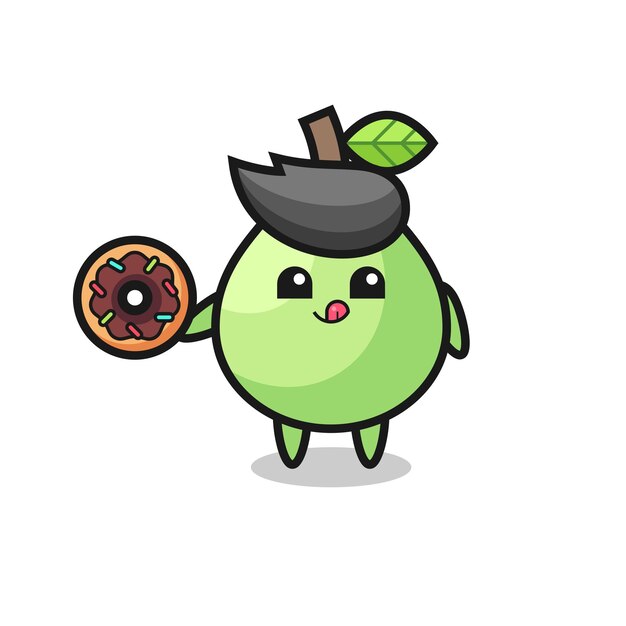 Ilustración de un personaje de guayaba comiendo una rosquilla