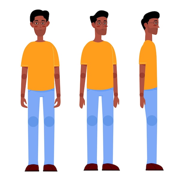 Una ilustración de un personaje humano desde diferentes perspectivas en diseño vectorial plano listo para la animación