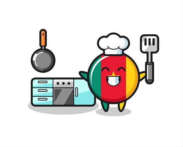 Ilustración del personaje de la insignia de la bandera de camerún mientras un chef está cocinando