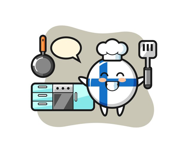 Ilustración de personaje de insignia de bandera de Finlandia mientras un chef está cocinando