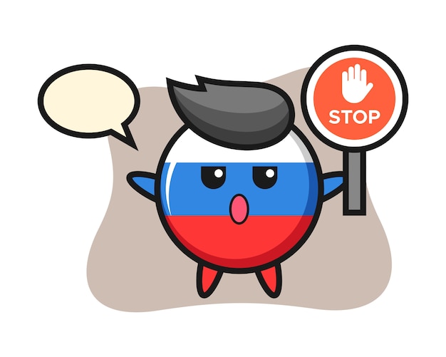 Ilustración de personaje de insignia de bandera de rusia con una señal de stop, diseño de estilo lindo