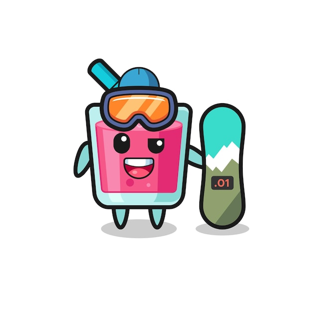 Ilustración del personaje de jugo de fresa con estilo snowboard