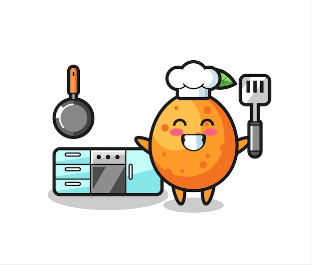 La ilustración del personaje kumquat como chef está cocinando