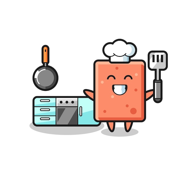 La ilustración del personaje de ladrillo como chef está cocinando un diseño lindo